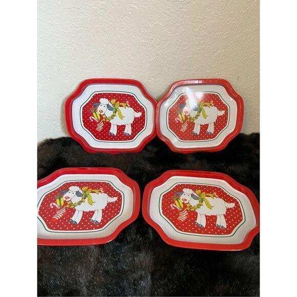 Vintage 1988 Christmas Sheep Tin Snack Trays B Of A, Inc. 6" x 7.5" Set of 4 - Picture 3 of 3